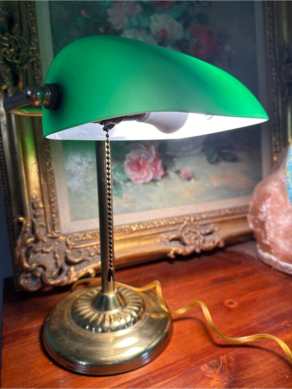 Vintage Green Glass and Brass Banker's Desk Lamp
